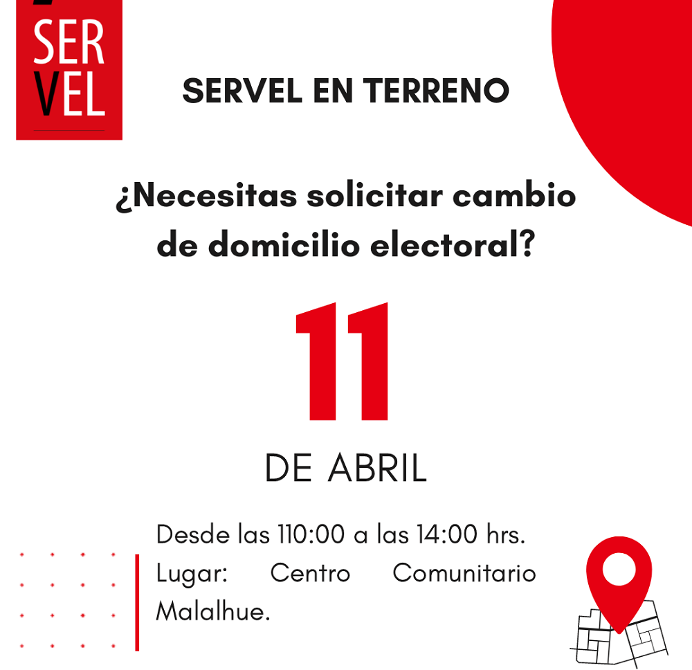 El 11 de abril el SERVEL en Terreno atenderá en el Centro Comunitario de Malalhue, para cambios de domicilio electoral