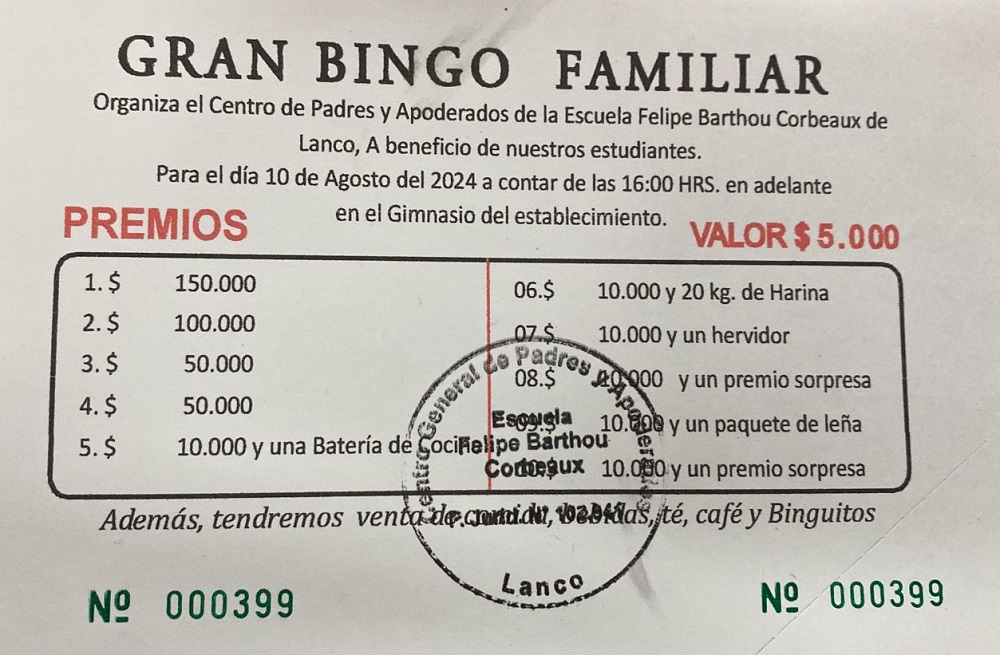 Centro de Padres de la Escuela Felipe Barthou de Lanco invita a su Bingo Familiar