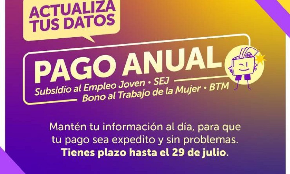 El lunes vence el plazo para actualizar datos bancarios y recibir pago anual de subsidio al empleo joven y bono al trabajo mujer