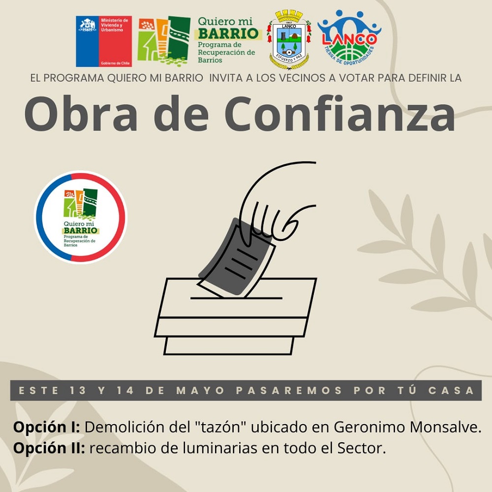 Vecinos del polígono Los Héroes de Lanco podrán elegir la Obra de Confianza del programa “Quiero mi Barrio” Vecinos del polígono Los Héroes de Lanco podrán elegir la Obra de Confianza del programa “Quiero mi Barrio”